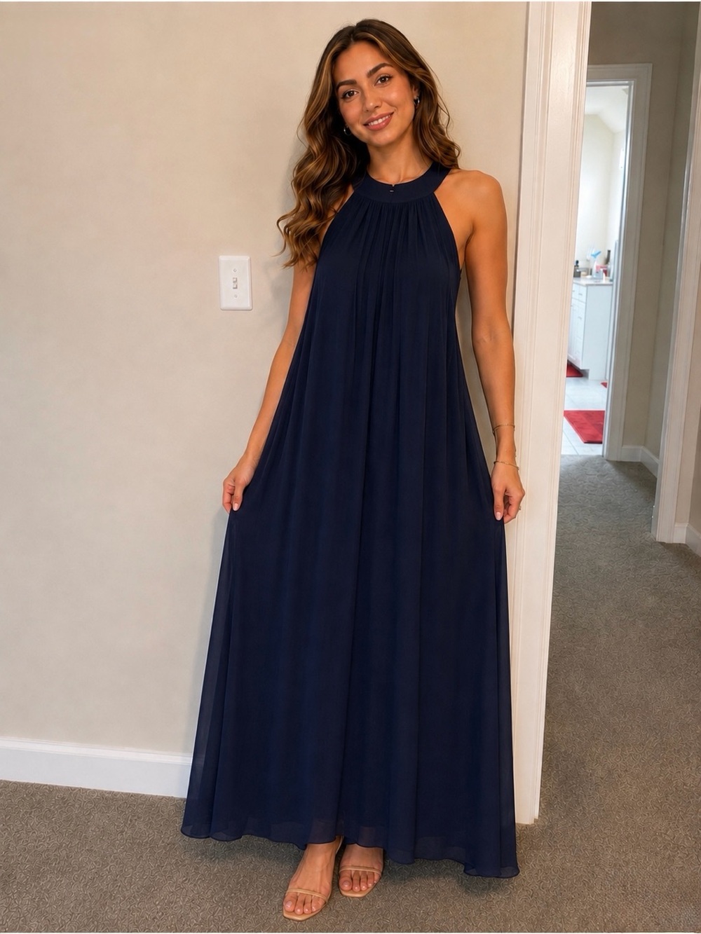Bailey blue Navy Halter Ruffled Layered Maxi Dress